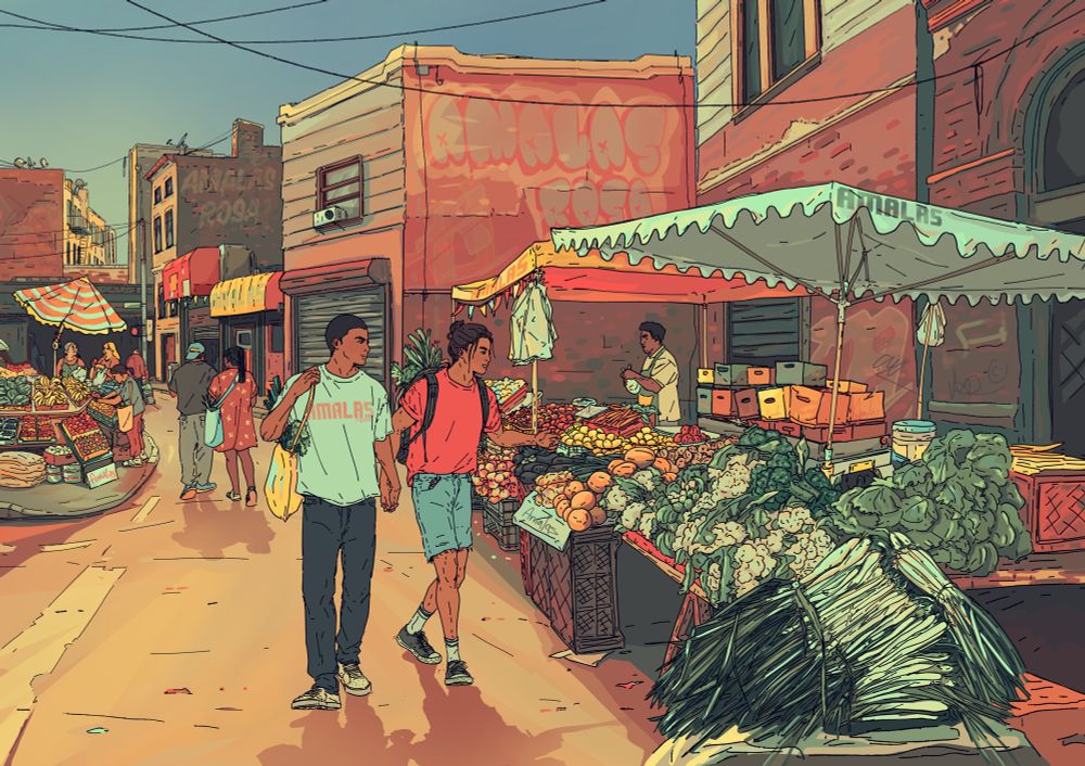 Digital art of original characters Aran and Tao as young adults in their mid to late 20s on a morning walk over the local small farmers market. It’s morning and the shadows are still long but you can tell it’s already very warm. The two men hold hands and Tao gets excited over all the fresh produce. Aran carries a bag and Tao a backpack which are both already full with fresh vegetable and green 