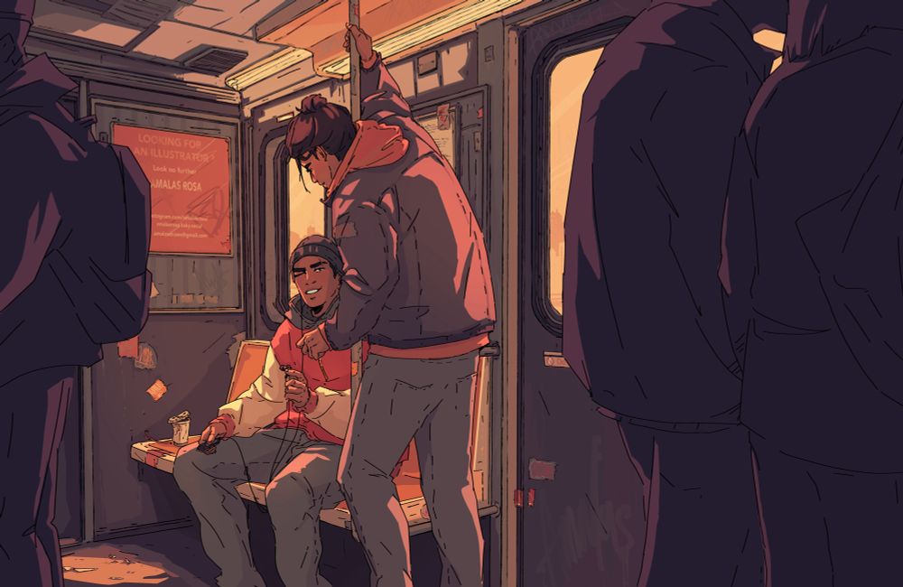 Digital art of original characters Aran and Tao as young adults in a New York subway cart. Aran is sitting on one of the benches and Tao stands next to him holding to a handle bar and slightly leaning down to Aran, as Aran offers him one of his headphone, that are connected to an old mp3 player. It’s a sunny but colder day and the yellow sunlight is shining into the cart. Aran and Tao are framed by anonymous people in the cart left and right, we don’t see their faces and their colors are kept in one simple darker blue to keep the focus on the two main characters. The subway cart has some tags and stickers and scratches and there is a poster that’s acts as an advertisement for me, the artist and illustrator. 🏀🦀