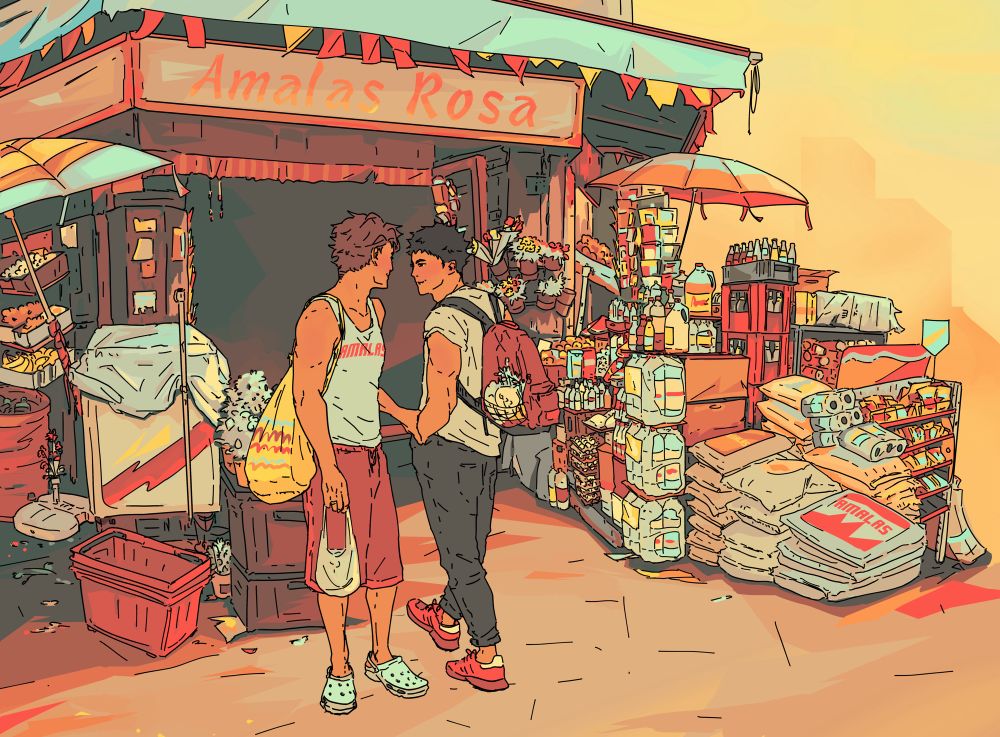 Fanart of character Oikawa Tooru and Iwaizumi Hajime from the anime and manga Haikyuu , showing them in the time skip arc as adults in Argentina. They’re standing in front of a small shop which is stacked with produce and products. The colors are warm with a lot of orange and yellow and some warm teal 
