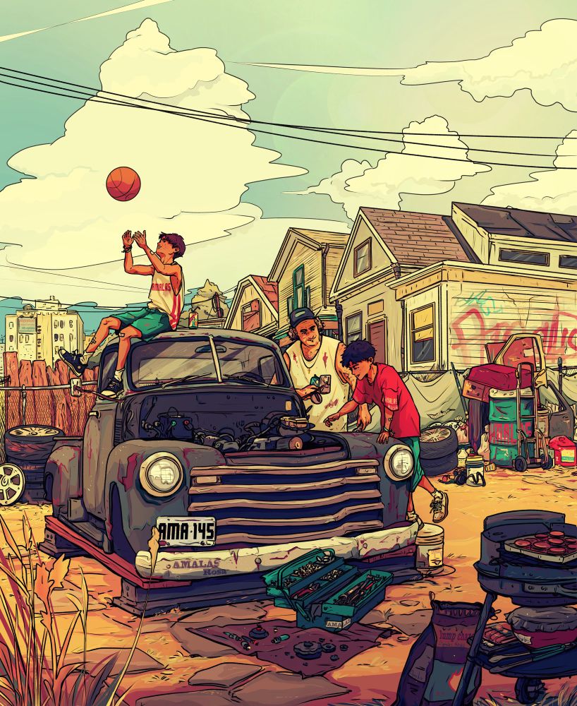 Digital art of original characters Aran and Tao as young teenagers in their neighbors backyard. An older man, the neighbor, is with them, as they play around an old car that is hooked up for repair. Aran is all excited and looks at the open engine room while the man explains it to him. Tao sits in the roof of the old car playing with a basketball. The backyard is cluttered with some junk and car repair parts. Some smaller single family houses in the back. It’s a hot late summer day. The grass is already yellow. And the overall colors are warm and saturated. 