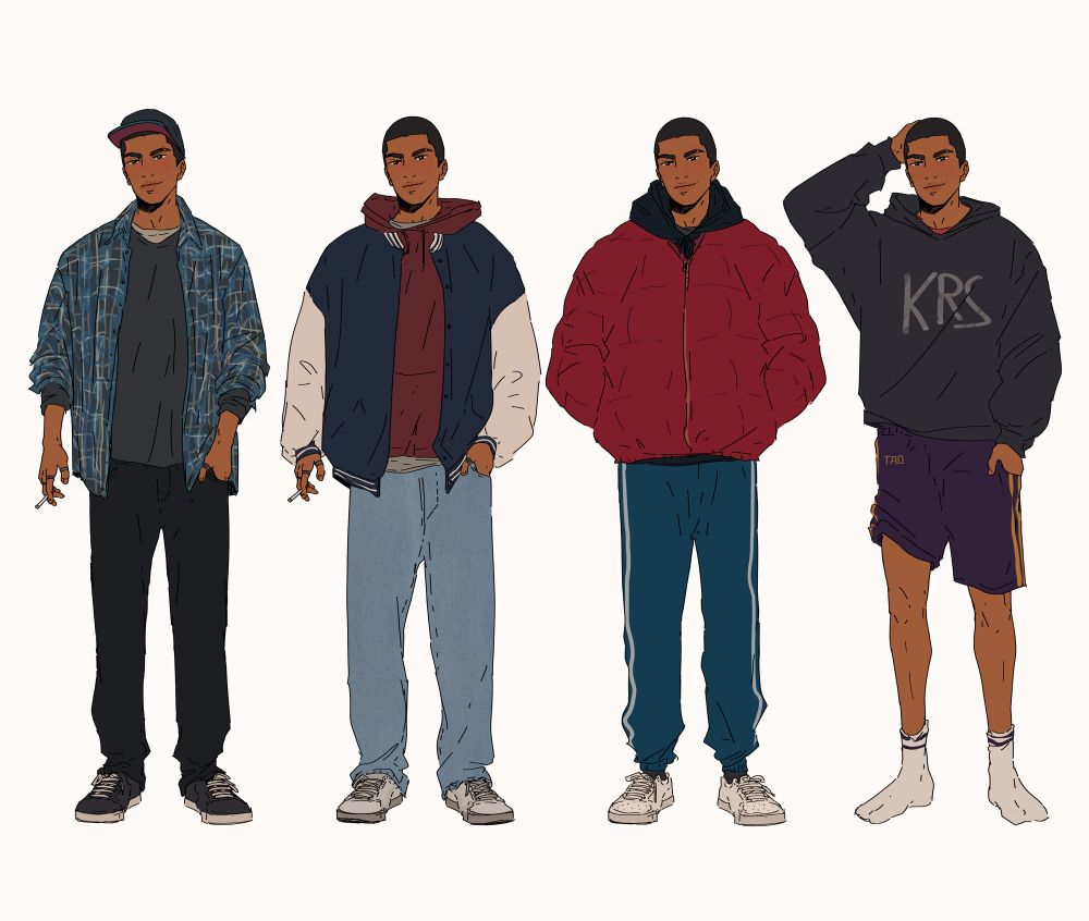 And more four different drawings of original character Aran, all in the same or similar pose, and all in different casual outfits. 🏀🦀