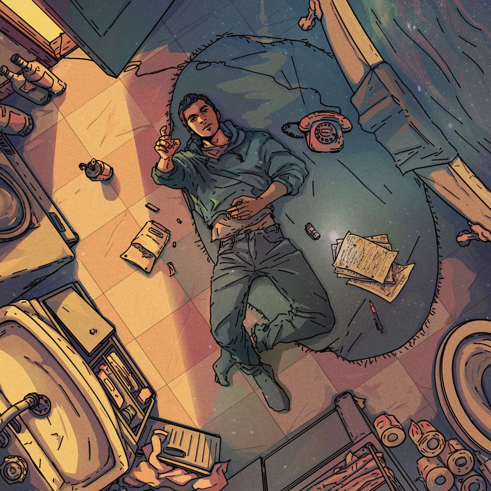🏀🦀 Official cover art for the vinyl single God’s Bathroom Floor by Atmosphere, showing a young Sean Daley lying on a bathroom floor looking up at the ceiling