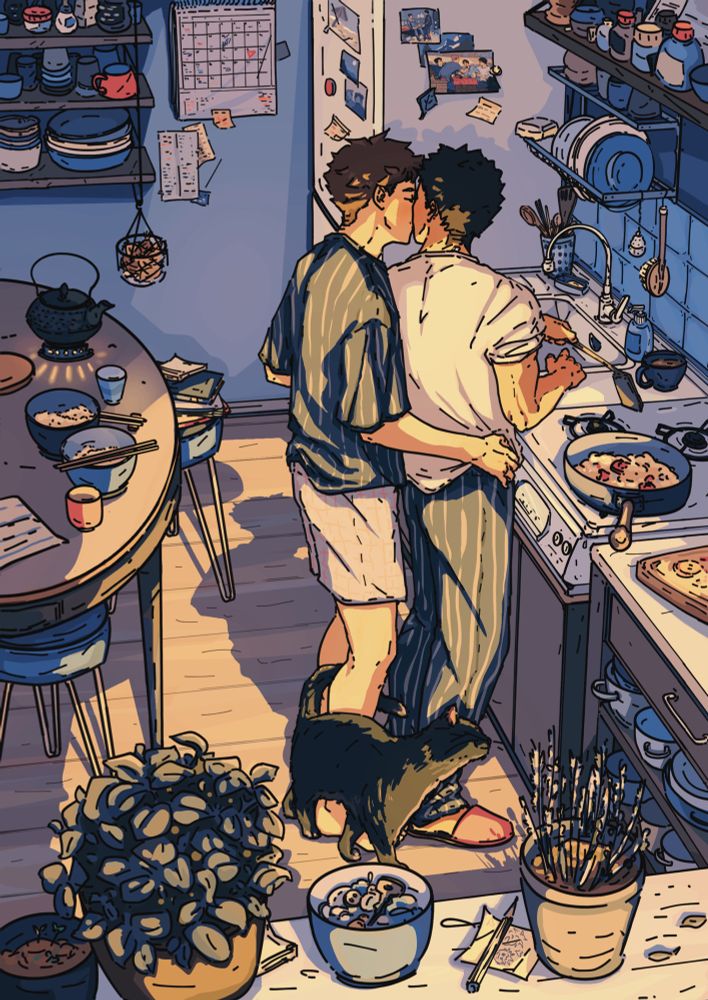 Fanart of character Oikawa Tooru and Iwaizumi Hajime from the anime and manga Haikyuu , this is a new version of the previous pic, showing them in a domestic setting in their kitchen making breakfast. Iwaizumi stands at the stove and Oikawa behind him hugging him. A cat is at their feet looking up curiously . The perspective and colors differ form the first one and there are more details in the kitchen. 