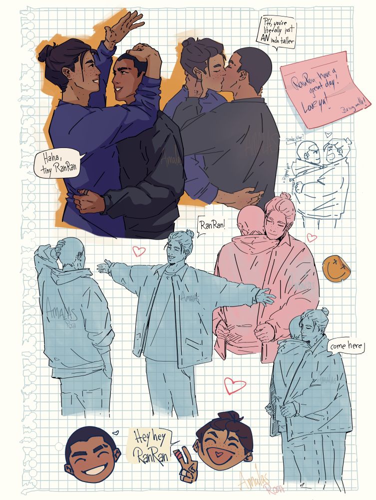 Digital doodle page on a checkered sketchbook page showing my characters Aran and Tao in different cute situations.
First is Tao and Aran facing each other close and Aran having his arms around Taos waist. Tao has a hand on Aran’s head and another one about the head as he would measure his height and he’s teasingly saying:”Haha, tony RanRan.” To which Aran replies:”Pff, you’re literally just AN inch taller”

Then some doodles with Tao opening his arms to hug Aran and Aran embarrassing the hug while Tao closes him in in his big jacket. 
Some chibi doodles and Tao calling happily for “RanRan”
A post it note saying:”RanRan, have a great day! Love ya!”
And on the bottom a small “bring milk” 