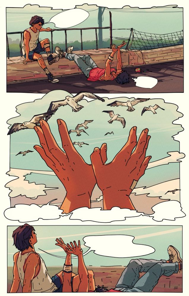 Comic page with original characters Aran and Tao as teenagers sitting on a rooftop and looking up at the birds in the sky 