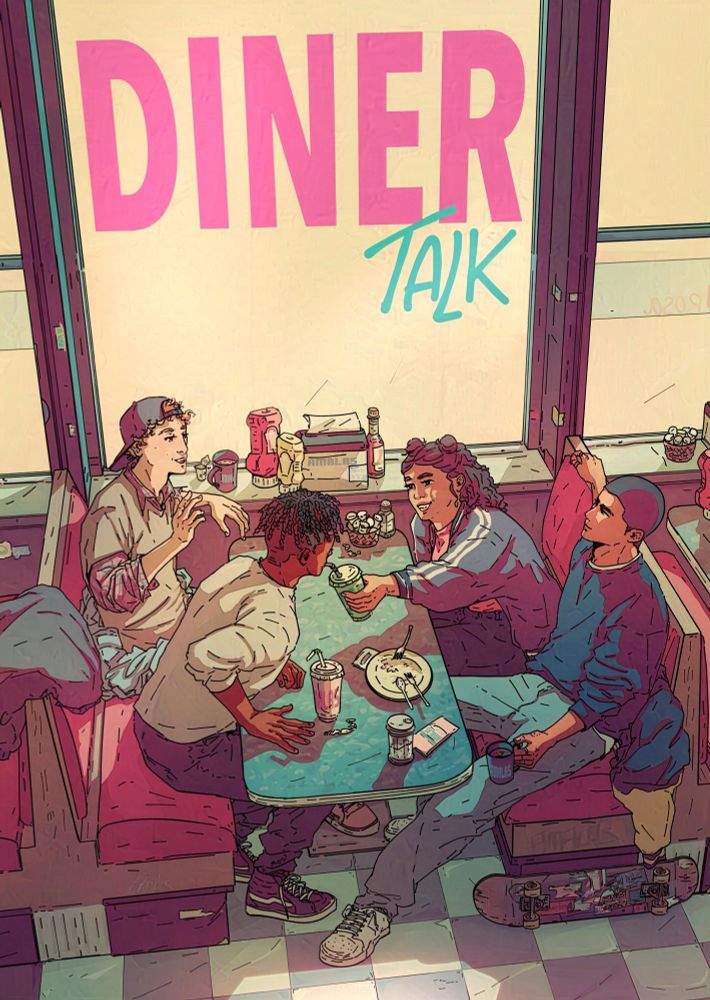 Mock up color of four teenagers sitting in a diner booth sharing milkshakes