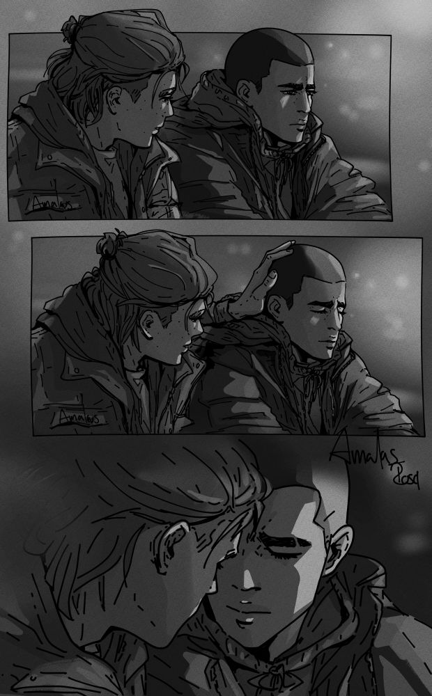 Digital artwork, that is structured like a comic page in three panels, of original characters Aran and Tao as young adults, in black and grey tones.
In the first panel Aran looks serious and troubled with a sad expression into the distance as Tao sits next to him looking at him. In the next panel Tao rest his hand on Aran’s head and Aran leans into the touch, his expression softens but he still looks pained. 
In the last panel Aran and Tao face each other. Moses are close. It looks like they are about to kiss. Both lean into the other. Aran’s expression has softened but he still looks slightly pained. We don’t see Taos expression. 🏀🦀