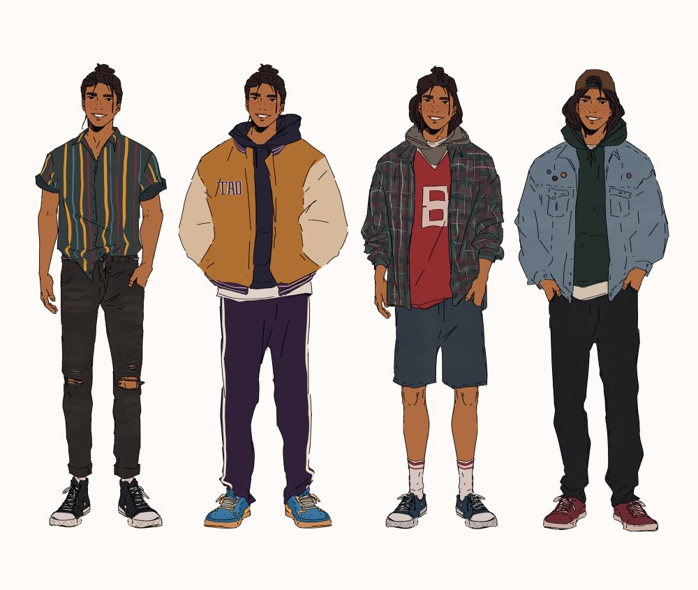 Lineup of four different drawings of original character Tao, all in different casual outfits 