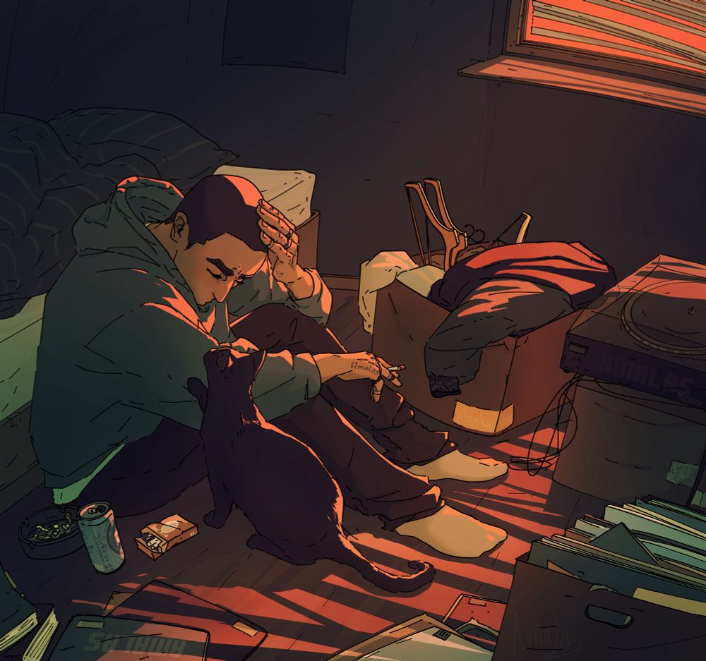 Digital art of original character Aran who sits depressed in his bedroom on the floor in front of his bed. He’s surrounded by unpacked moving boxes, and his black cat who tries to comfort him. The room and colors are darker and muted but there shines some bright red light from outside in and casts some light on Aran and the ground. 