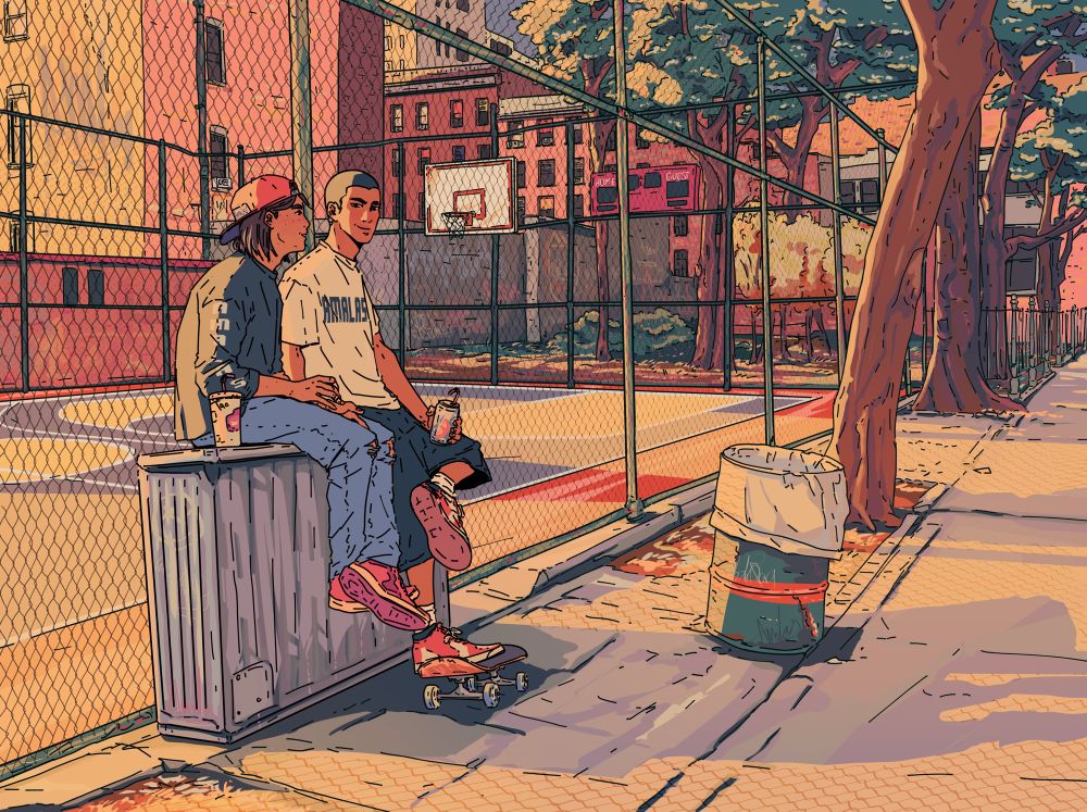 Digital art of original characters Aran and Tao as young adults on a warm summer day sitting on an electrical box in front of a basketball court. They both have a fresh drink and they enjoy their time, smile, and talk to each other.
It’s a warm day but not super hot. The colors are dominated by yellow and orange as well as green and some blue and soft purple 