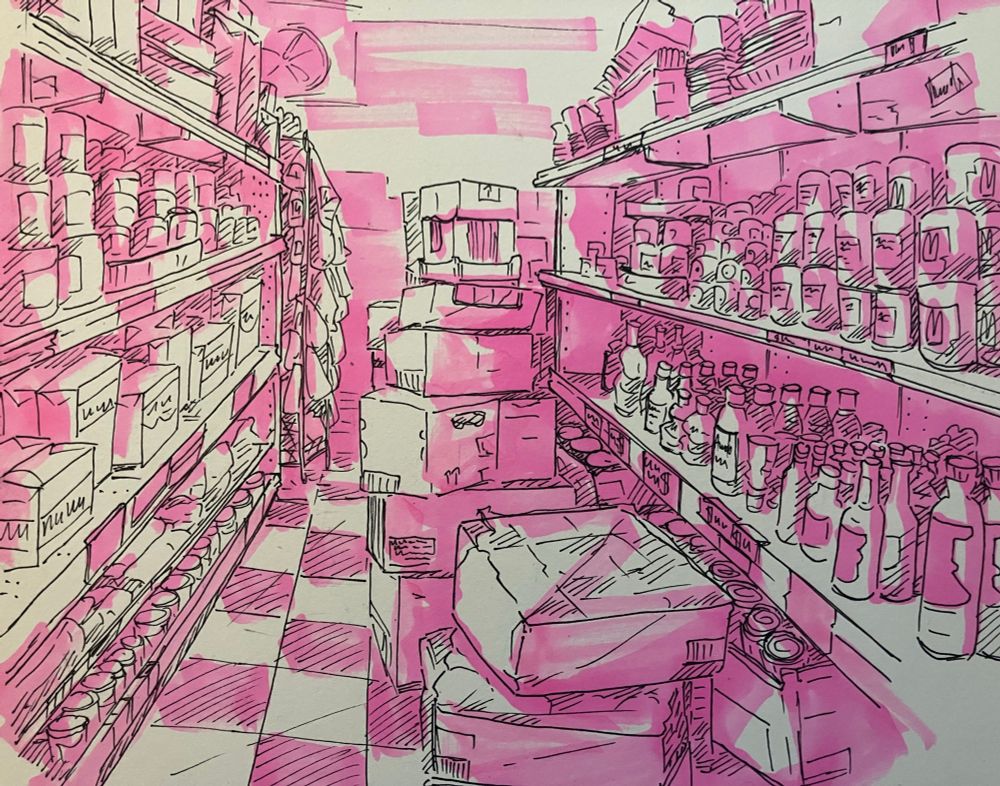Fineliner and marker doodle of a bodega isle. Quicker messy lines, in black, and a rough shading and coloring with just a bright pink marker. Messy warm up sketch 