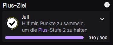 Ein Screenshot von der Twitch Kanalseite / Findelfuchs
Plus-Ziel
310/300 Partner Plus Punkte JULI
