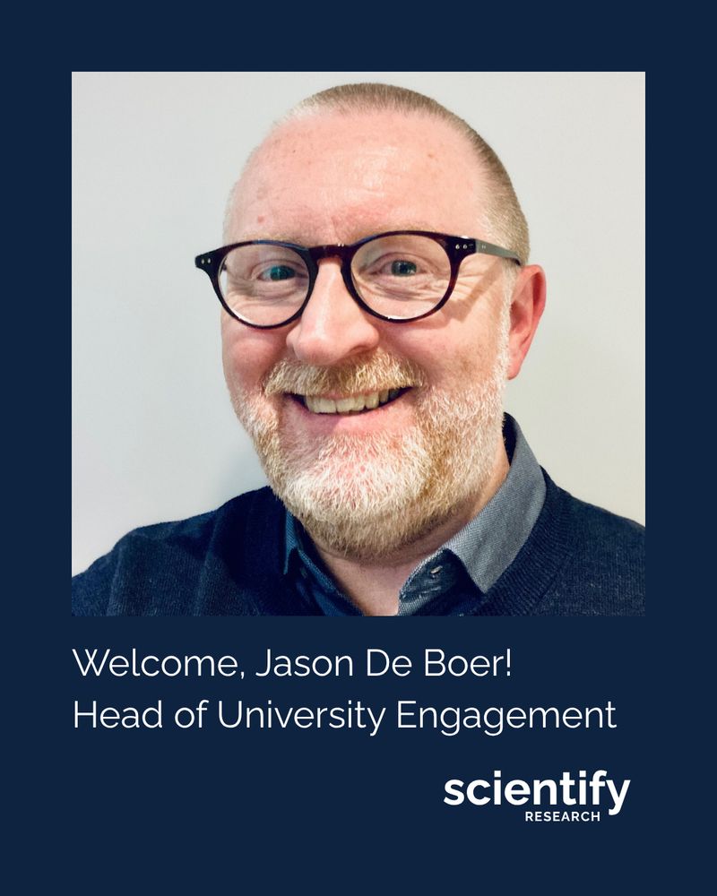 A photo of Jason De Boer, man in glasses and a blue sweater. "Welcome, Jason De Boer! Head of University Engagement | scientifyRESEARCH