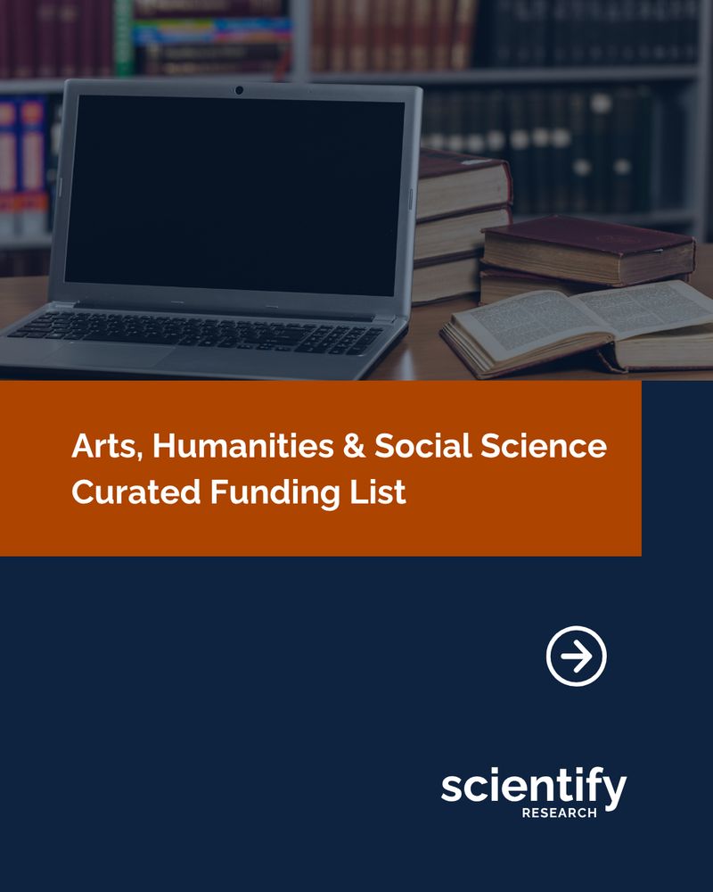 arts, humanities & social science curated funding list. laptop, books and book shelf scientifyRESEARCH