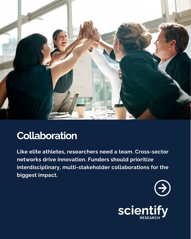 Collaboration Like elite athletes, researchers need a team. Cross-sector networks drive innovation. Funders should prioritize interdisciplinary, multi-stakeholder collaborations for the biggest impact.
