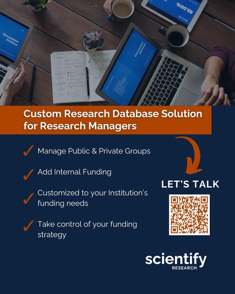 Custom research database solution for research managers. manage public and private groups add internal funding customized to your institution's funding needs take control of your funding strategy let's talk scientifyRESEARCH an image of laptops and a notebook with people having a discussion