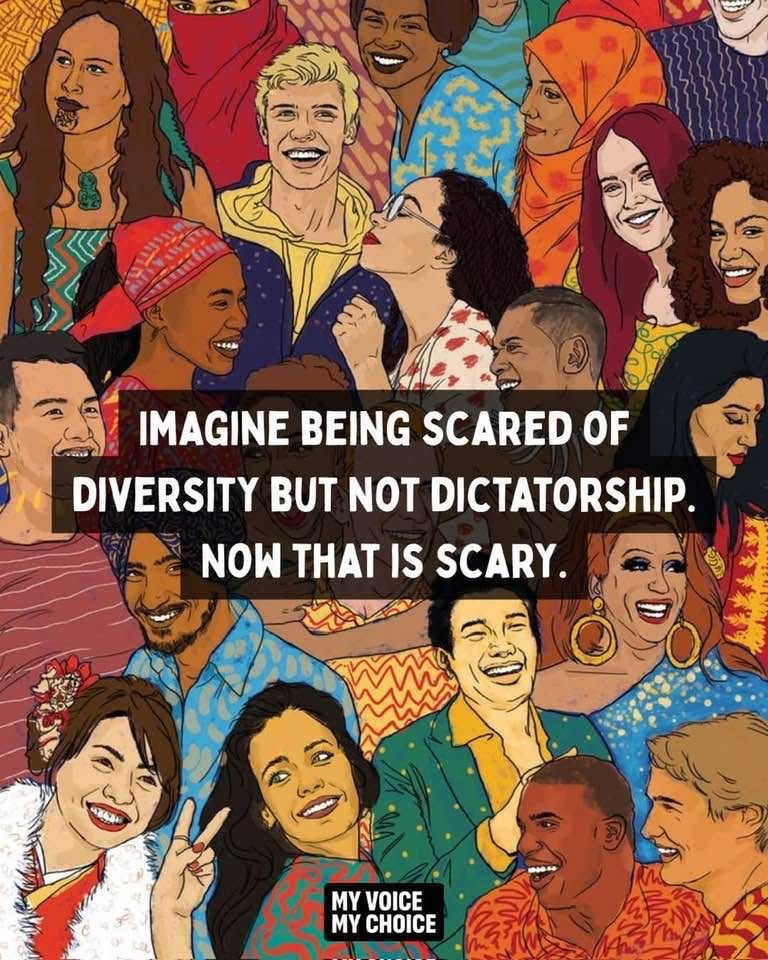 IMAGINE BEING SCARED OF DIVERSITY BUT NOT DICTATORSHIP
NOW THAT IS SCARY.