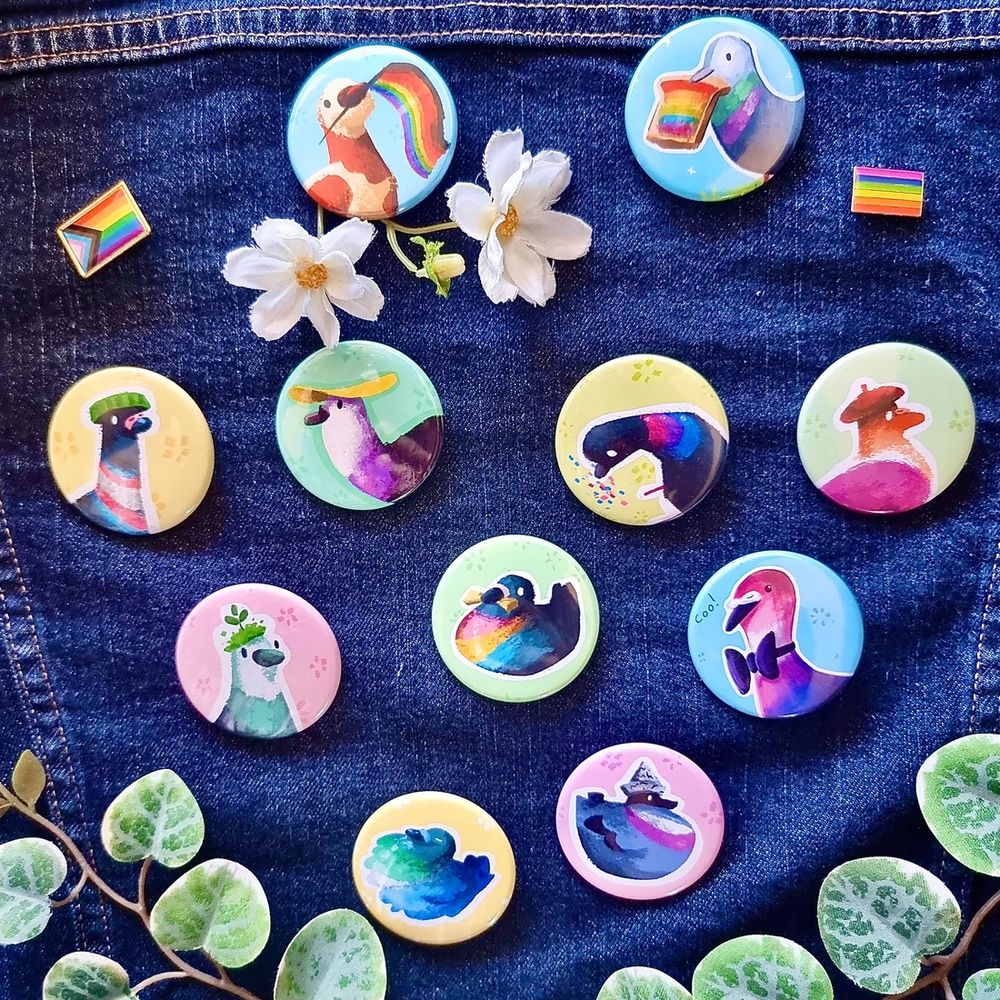 A collection of 11 button badges pinned on a jean jacket.  They all have different designs with pigeons, 2 featuring the lgbtq flag in different ways and the rest featuring the following flags: 
 -transgender
 -non-binary
  -bisexual
 -lesbian
 -aromantic 
 -pansexual
 -genderfluid
  -gay
 -asexual