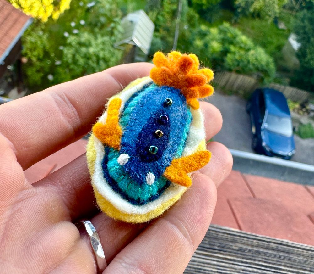 Picture of a handmade felt magnet resting on my fingers that are held up flat, overlooking lush gardens. 
The magnet represents a blue sea slug, it is the size of two phalanges of my hand. It’s body is three shades of blue and its foot is made of two yellow an ivory flaps that are sewn through the body. It has orange antennas on its head, and gills  on its back. Little white eyes are embroidered between the antennas, and 4 dark iridescent pearls decorate its back. 