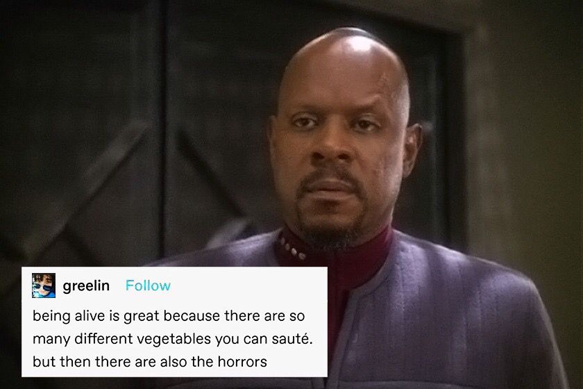 Captain Ben Sisko staring forward either disassociating or mentally preparing to kill somebody.

inset tumblr post from greelin
“being alive is great because there are so many different vegetables you can sauté. but then there are also the horrors”