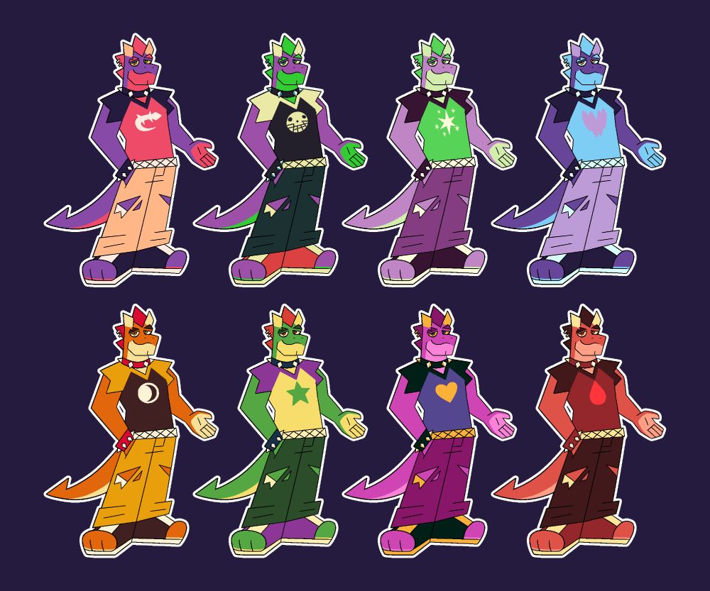 alt 8 is a reference to @aimusamber's oc, aimus
all other color alts reference existing characters