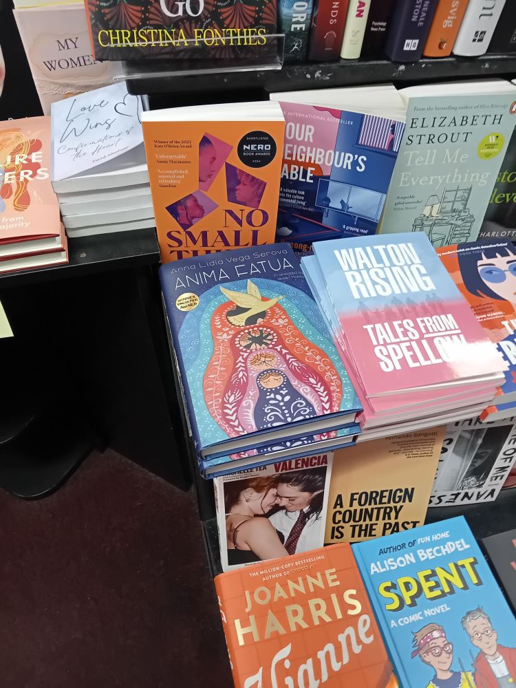 Copies of the novel Anima Fatua by Anna Lidia Vega Serova on a table at News From Nowhere bookshop in Liverpool, surrounded by various other books, and beside copies of the Walton Rising anthology