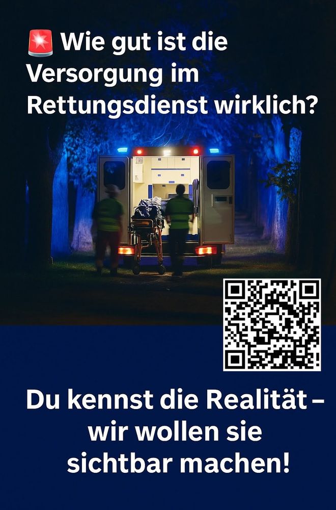 Aufruf an einer Studie teilzunehmen -  man sieht einen RTW und einen QR Code