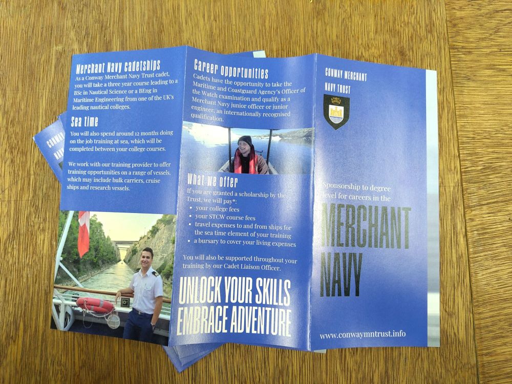 Conway Merchant Navy Trust's new leaflets, which give information about sponsored cadetships.