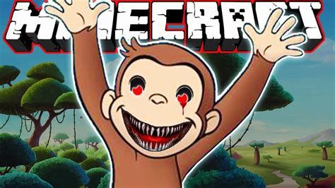 YouTube thumbnail. Evil blood eyed curious George in front of the Minecraft logo