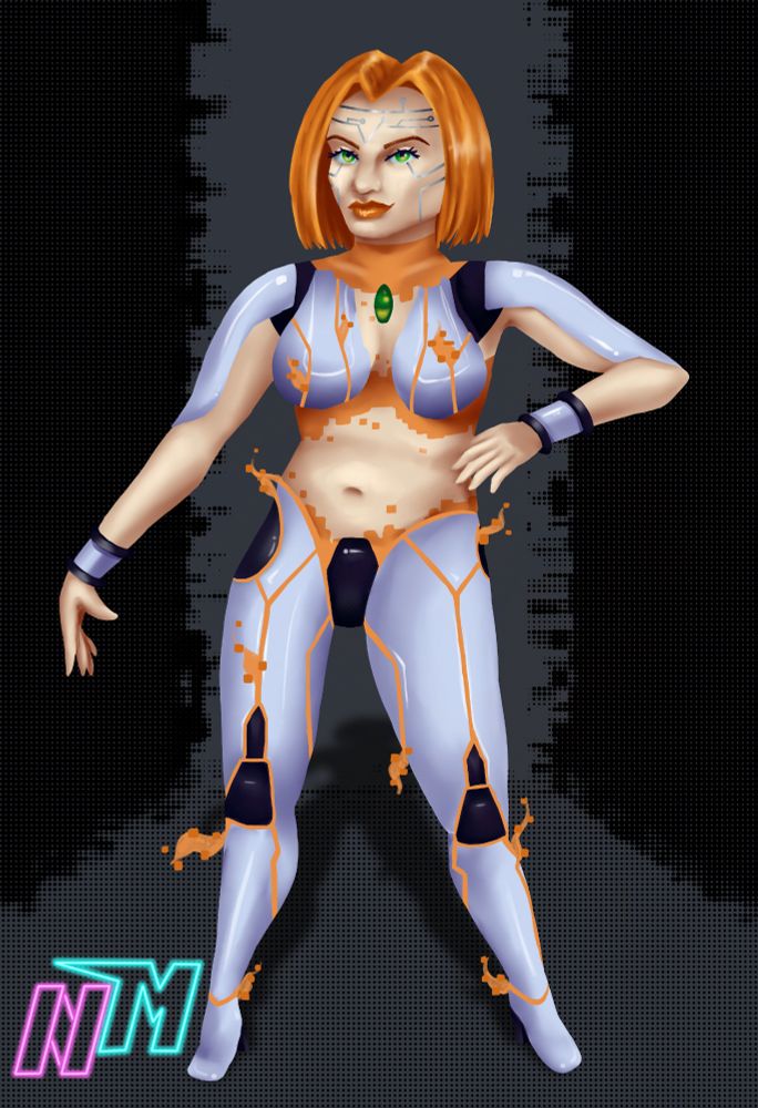 Cyber!Amphy, full body drawing by NeonMarthy. This one shows more clearly that this is a cybershell that Cyberdjinn Amphy inhabits.