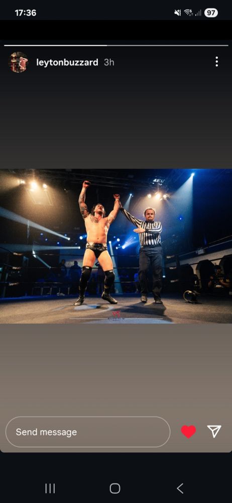 A screenshot of the Instagram story of professional wrestler Leyton Buzzard standing in the ring at a past RevPro show in the 1865 venue in Southampton 