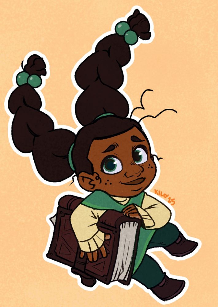 A color drawing of a young black girl in fantasy garb, carrying a big leatherbound book.