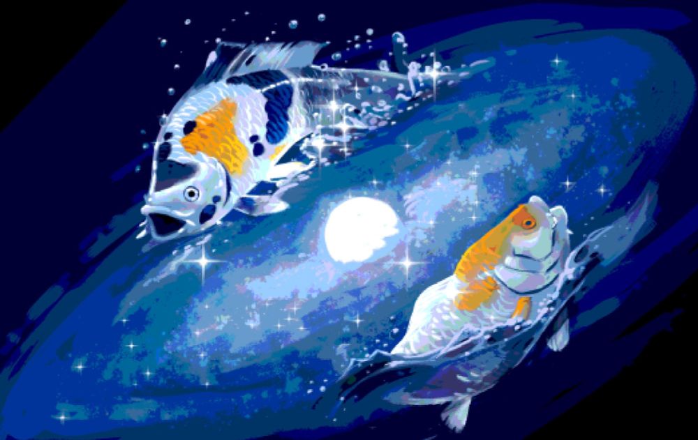 A pair of koi fish swimming in a galaxy cloud, posterized and pixelated like it's early computer resolution.