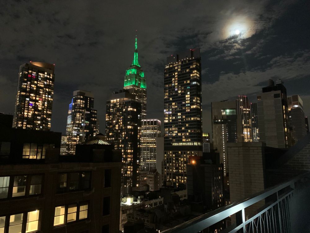 Moon beam behind a green lit ESB