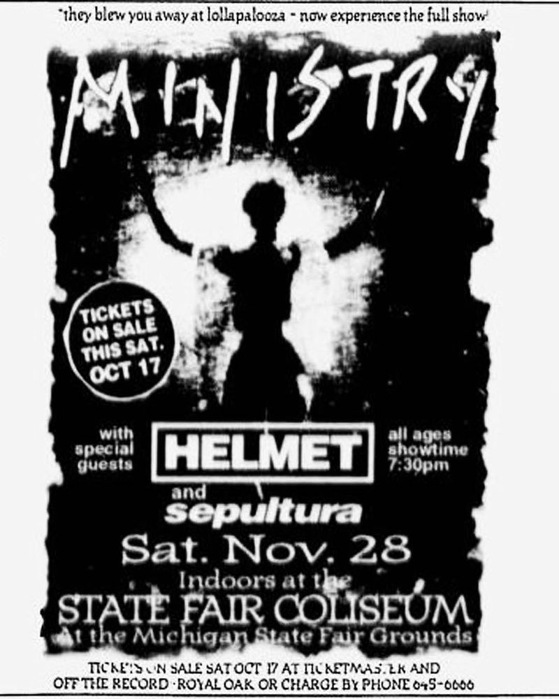 Flyer for rock show: Ministry, Helmet, Sepultura 