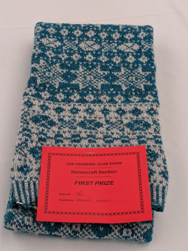 A teal and white colour-work knitted scarf with a start motif. It has a red first place prize card placed on top of it.