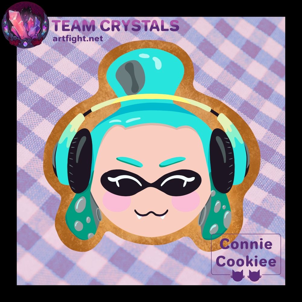 Digital drawing of Skittles' face, designed like an iced cookie. Skittles is a splatoon squidling with cyan hair tied in a bun. Skittles is wearing a pair of headphones over her ears which are black, blue and yellow.
The background is lilac gingham. Text reads, "TEAM CRYSTALS artfight.net".