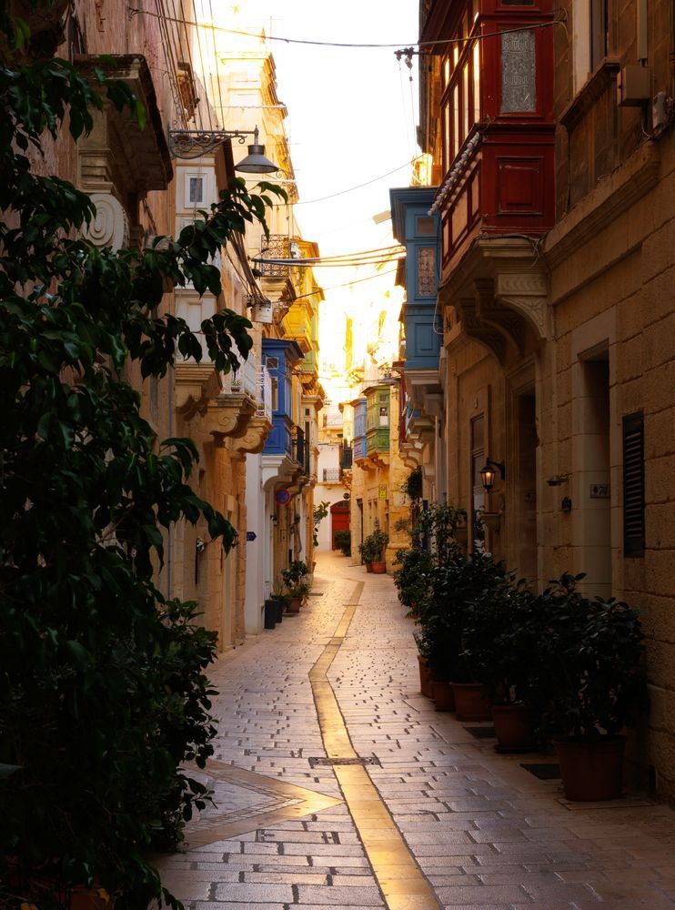 Early morning light reflecting on the cobblestone street of Triq Tabone in Birgu, Malta, with traditional Maltese balconies and potted plants lining the narrow alley.