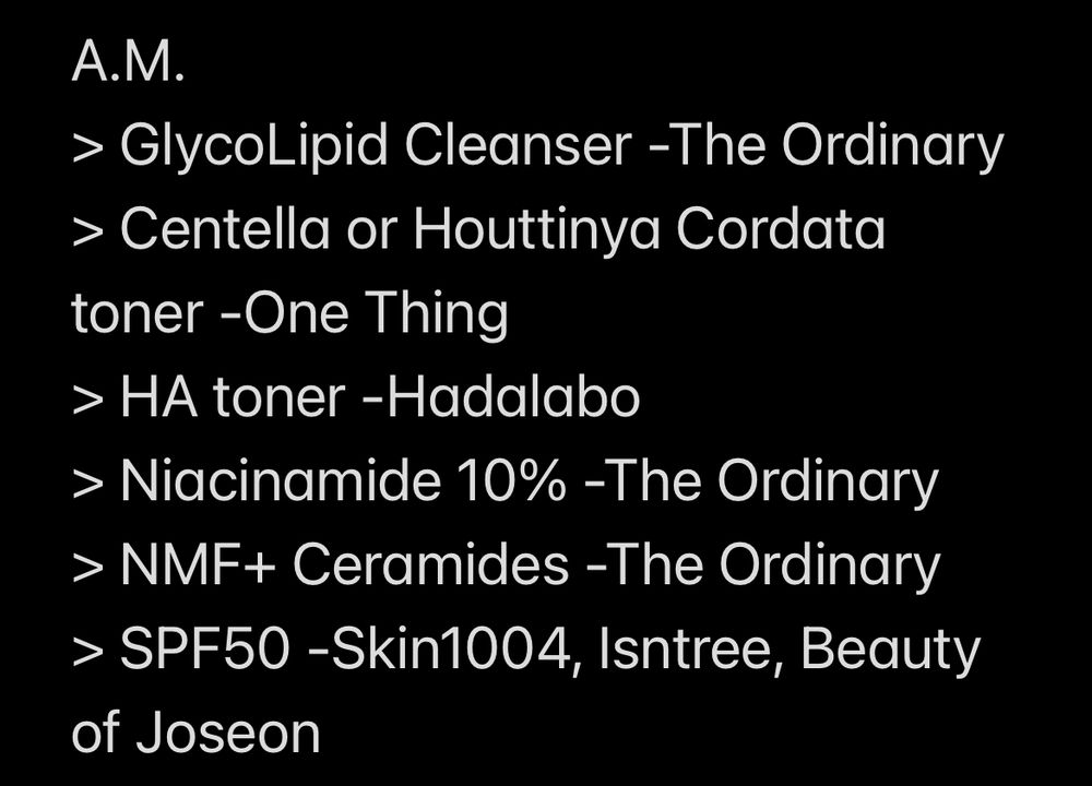A.M.
> GlycoLipid Cleanser -The Ordinary
> Centella or Houttinya Cordata toner -One Thing
> HA toner -Hadalabo
> Niacinamide 10% -The Ordinary
> NMF+ Ceramides -The Ordinary
> SPF50 -Skin1004, Isntree, Beauty of Joseon
