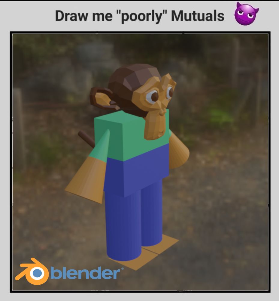 A 3d render of Dem the Simian, who is composed entirely of Blender default shapes, over a stock background.