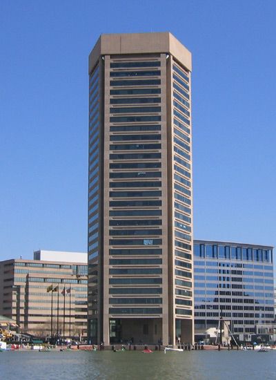 The Baltimore World Trade Center, a tan skyscraper in Baltimore's Inner Harbor. The version in the Blackbird pic is similarly-shaped except at the top, where it comes to a point.