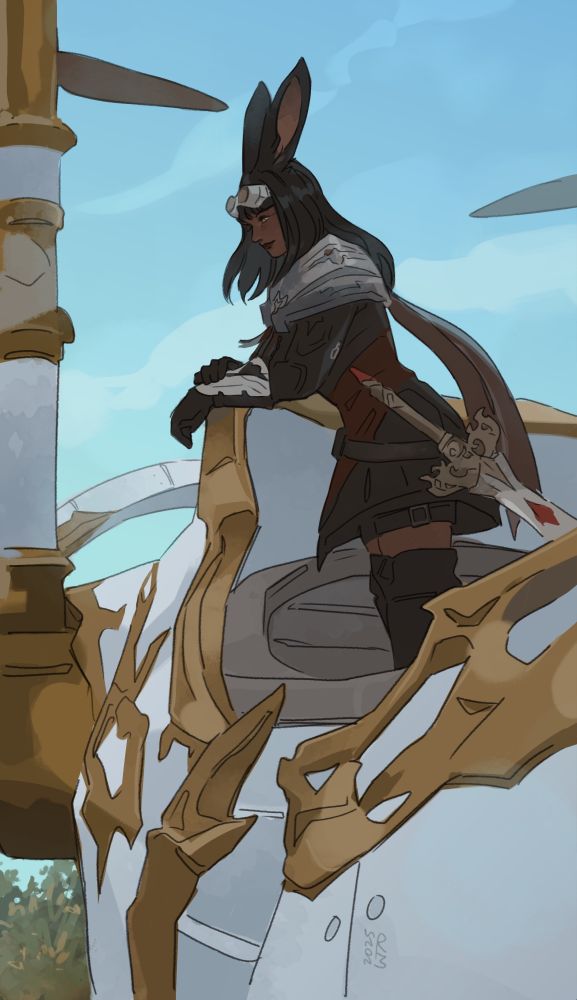 Orlay's OC, a Ravan Vieran woman named Kej, leans on the railing of her airship seemingly content. The sky is her home, and the feeling of freedom sets her soul alight.
