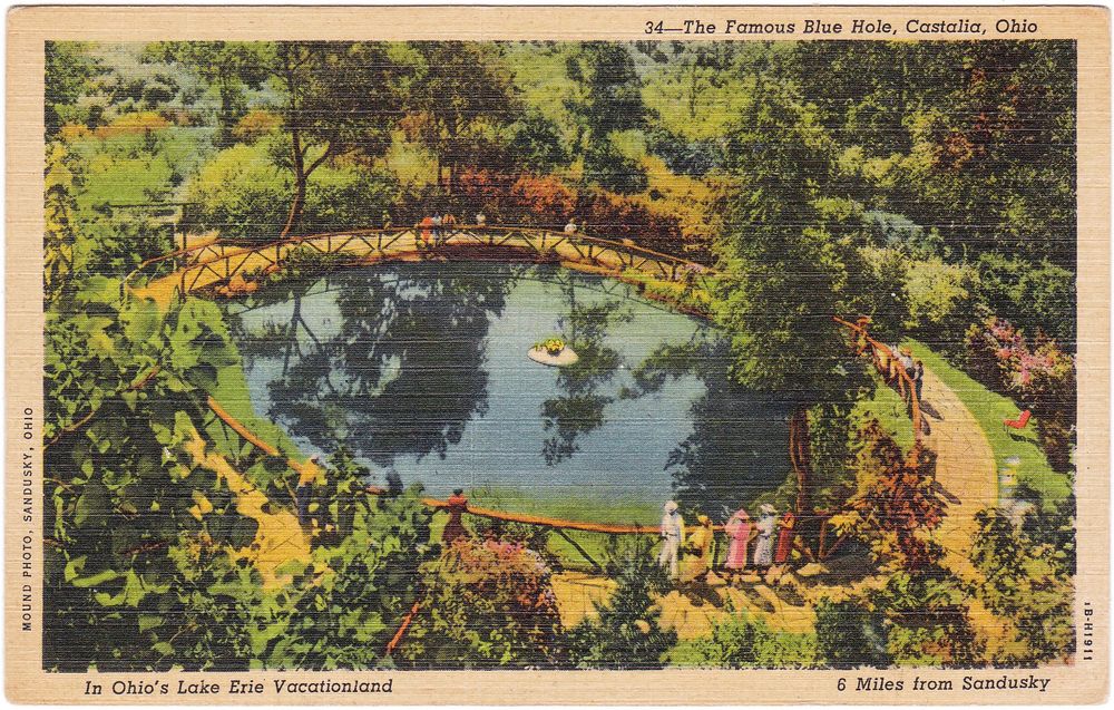 A postcard depicting the Blue Hole in Castalia, Ohio. 
