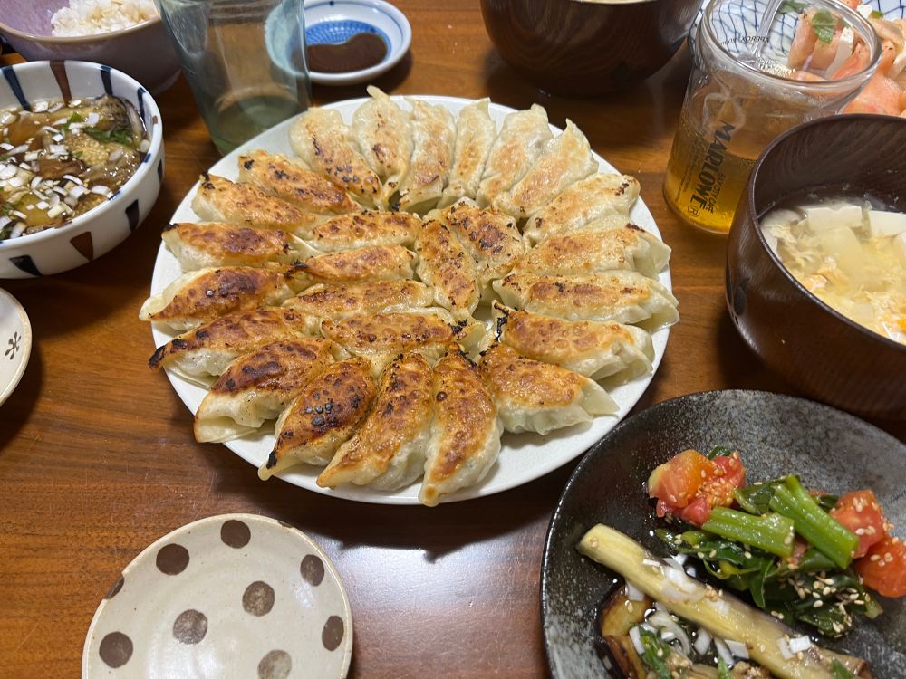 餃子、つるむらさきとトマトのおひたし、ナスの焼き浸し、スープ