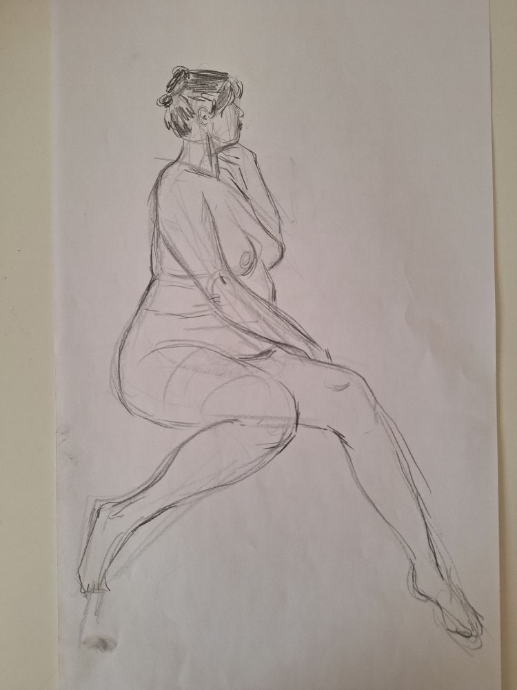 Figure drawing of a woman, sitting with her head in profile, done in graphite