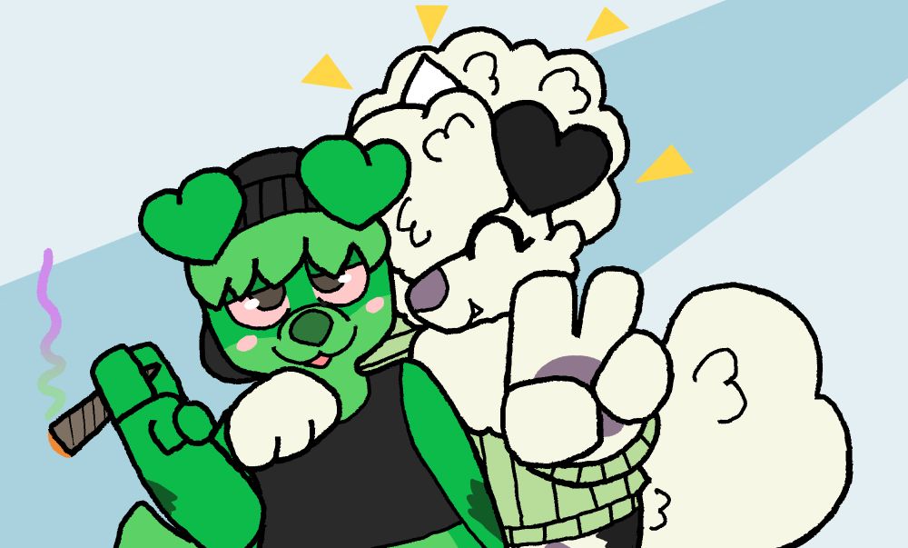 Rune, cream and purple Hisuian Growlithe, and Hasher, green weed growlithe, hanging out. Rune (wearing a green sweater) is super happy and throwing out a peace sign while resting their hand on Hasher's shoulder. Hasher (wearing a black binder) is currently stoned, holding a lit blunt between their fingers.