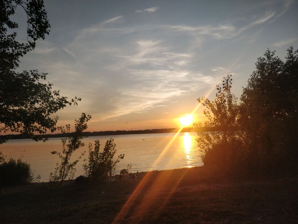 Sunset at the beach of a lake, slightly cloudy and a few trees & shrubs near the shore