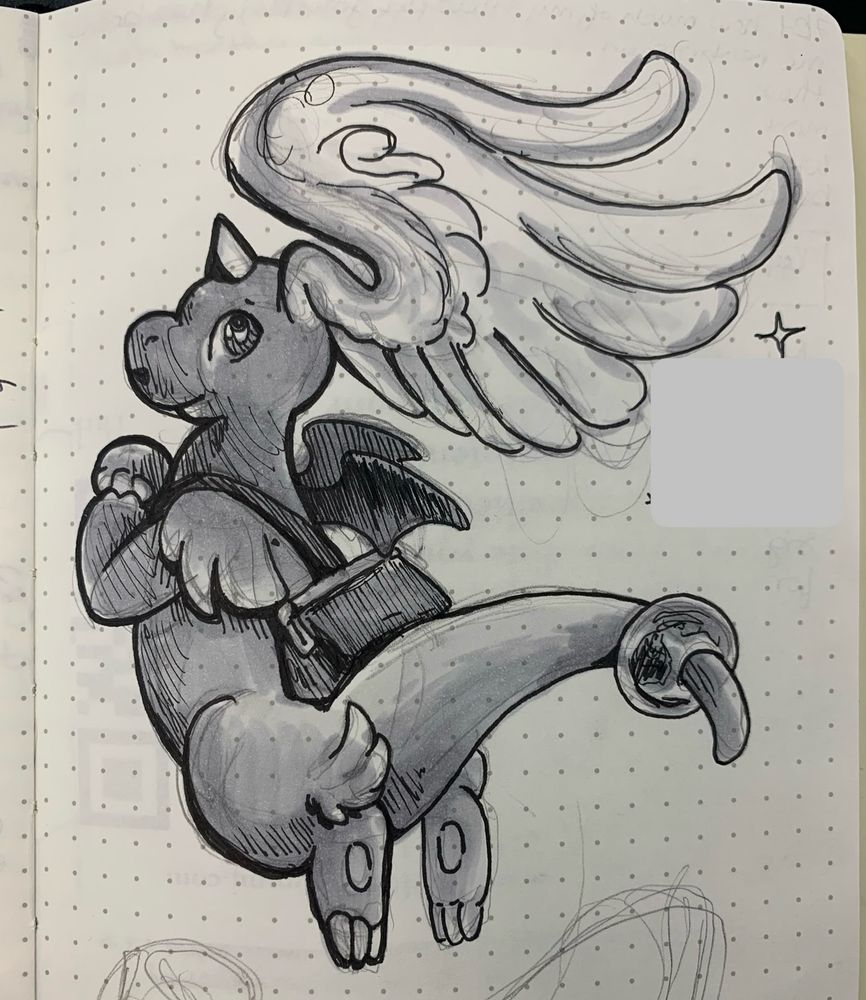 Mega Dragonite in pen and ink with back to viewer.