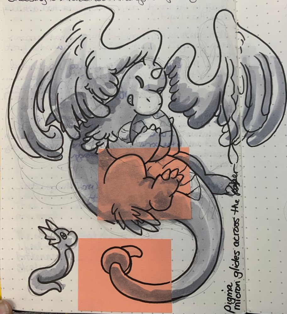 Mega Dragonite holding a Pokemon egg in pen and ink.