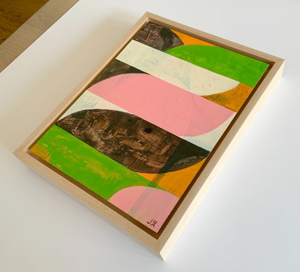 Small abstract acrylic painting, mainly pink, green and brown.